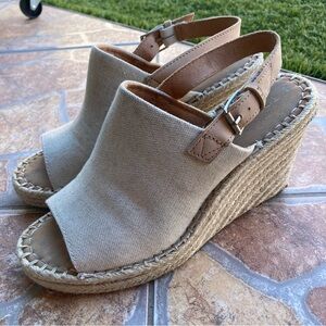 Toms Tan Canvas Platform Wedge Sandals